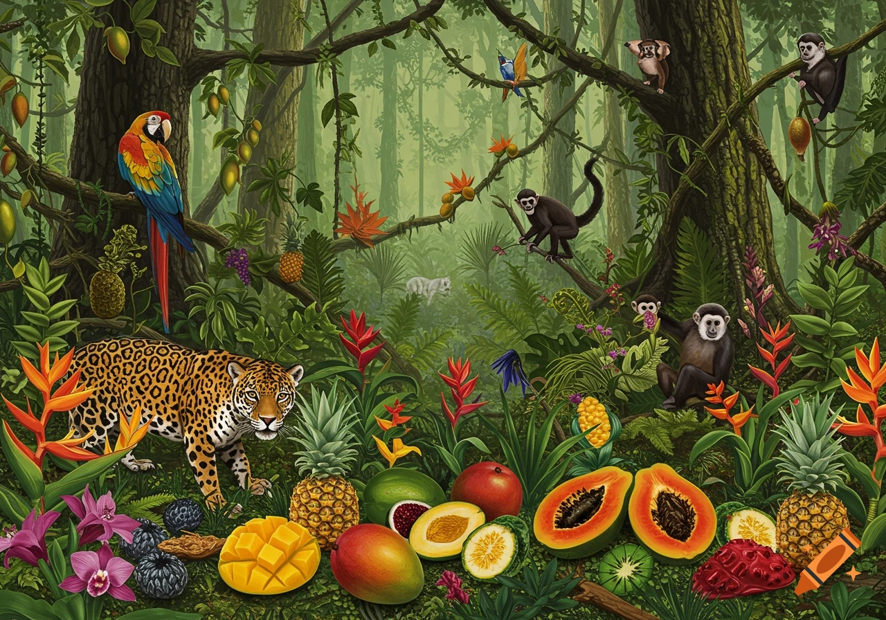 Illustration of a jaguar, monkeys, and a parrot in a lush rainforest filled with tropical fruit.