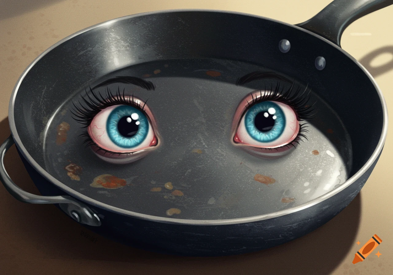 Realistic human eyeballs sit inside a greasy frying pan.