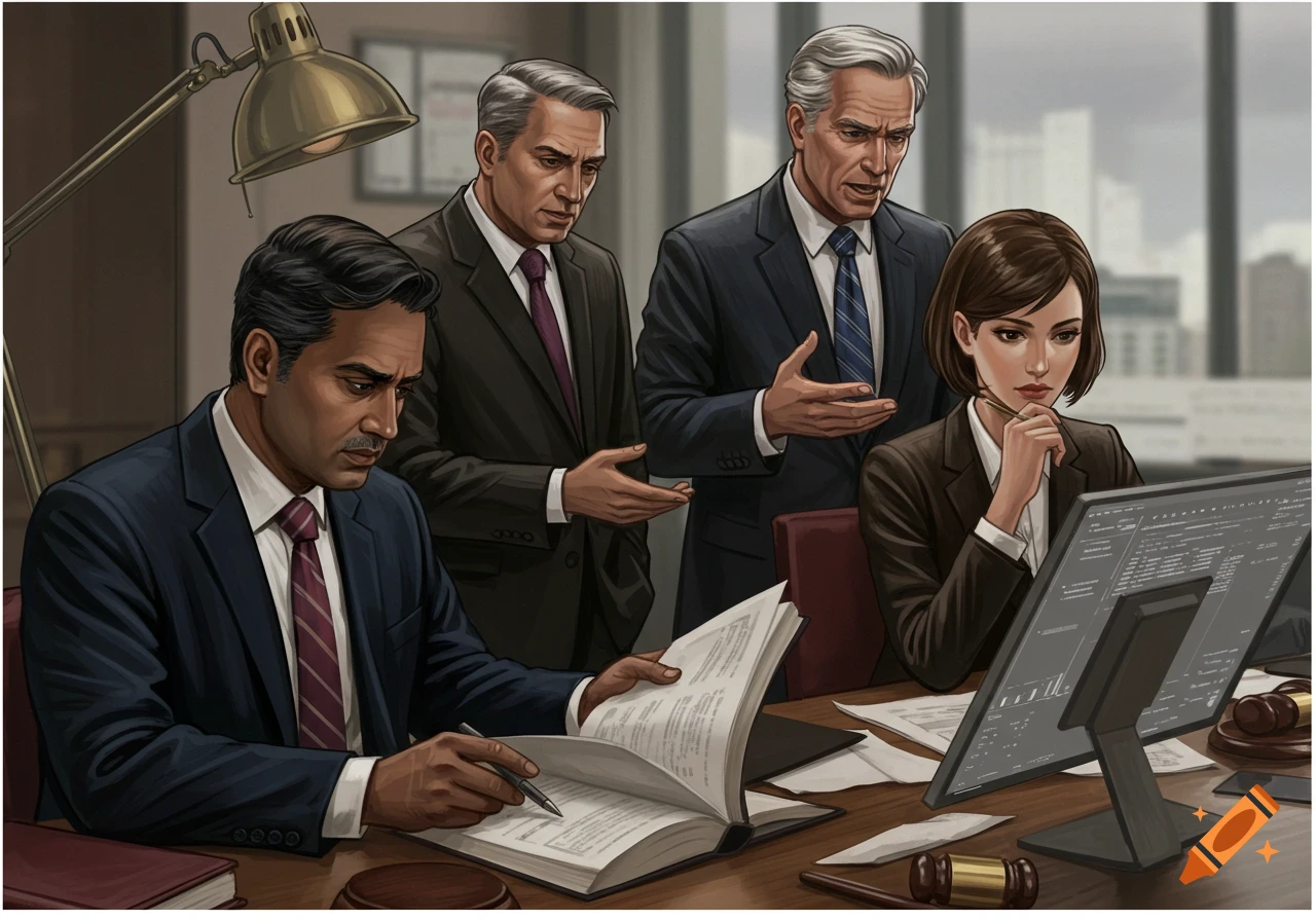 Lawyers reviewing documents and computer screen in an office meeting.
