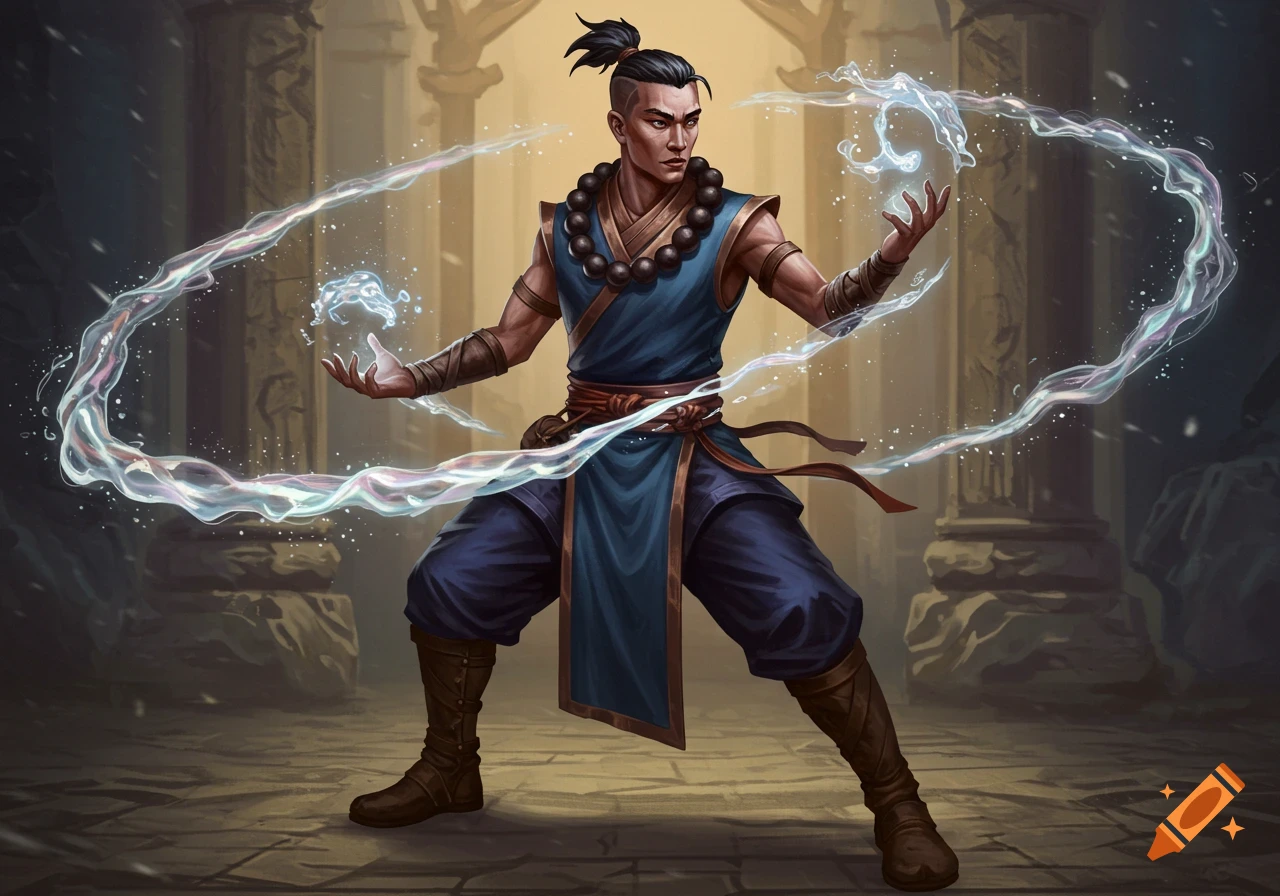 Fantasy monk casting a water spell in ancient ruins, digital painting.