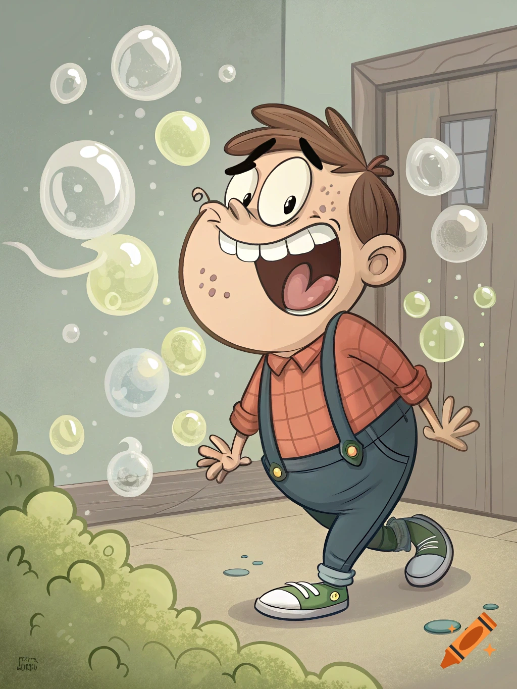 A cartoon boy in overalls and a plaid shirt laughs excitedly while playing with bubbles outside.