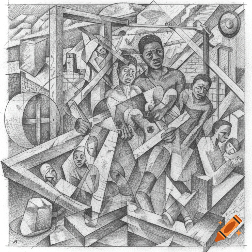 Cubist pencil drawing depicting multiple figures, likely slaves, struggling with objects in a chaotic, structured environment.