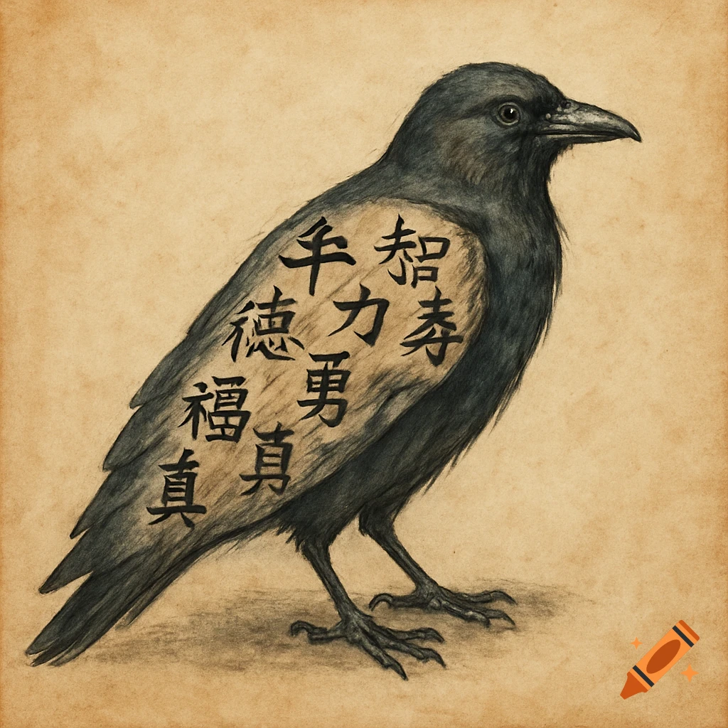 A drawing of a crow with kanji characters on its wing.
