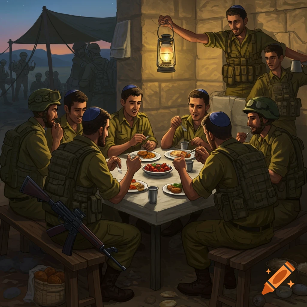 Illustrated scene of soldiers in uniform and blue kippahs eating a meal together around a table lit by a lantern at dusk.