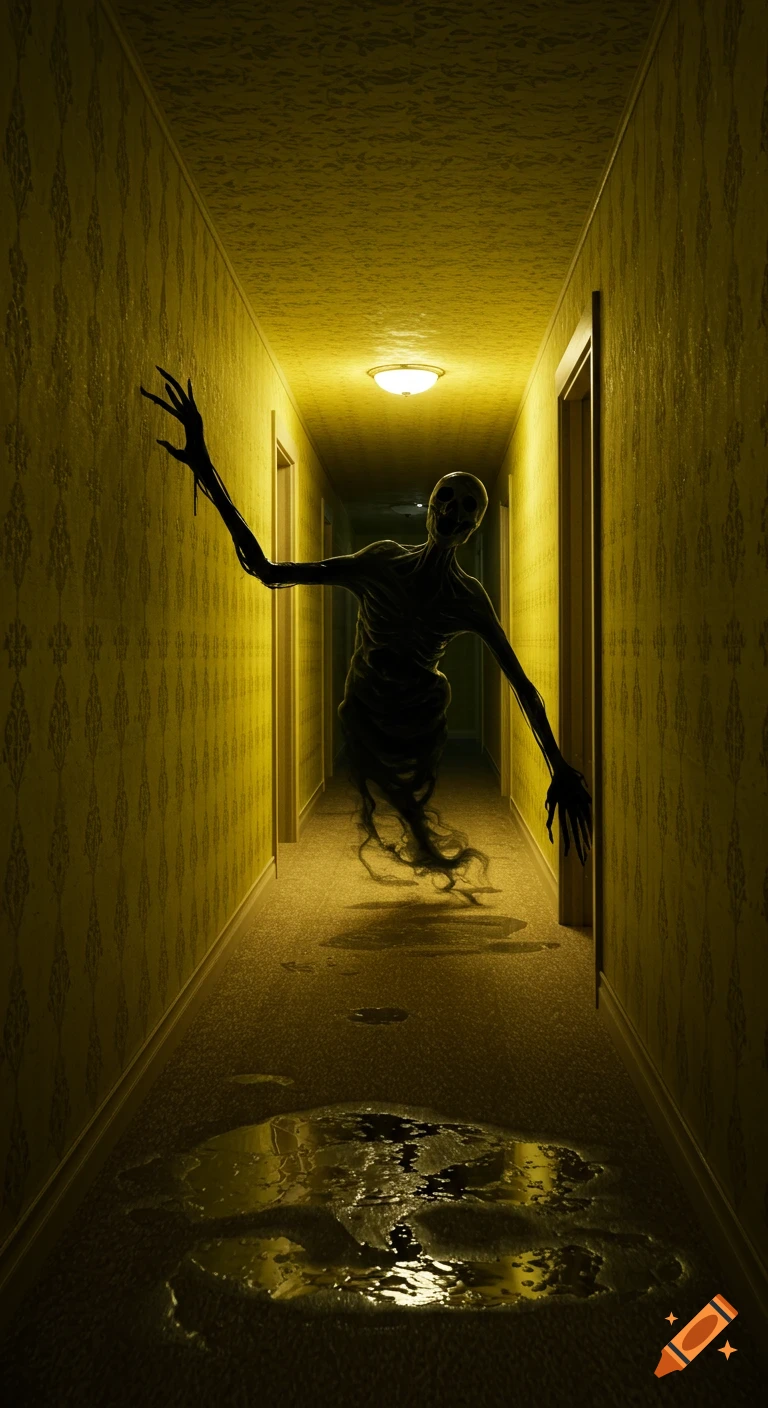 A creepy elongated figure floats in a yellow hallway with patterned wallpaper, wet carpet, and dim lighting.