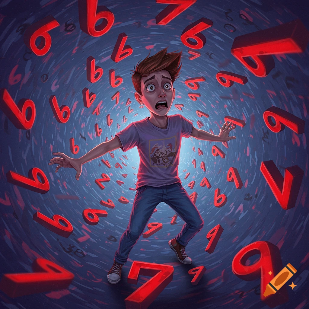 Illustration of a scared boy surrounded by large, floating red numbers, mostly 6s and 7s, in a swirling blue void.