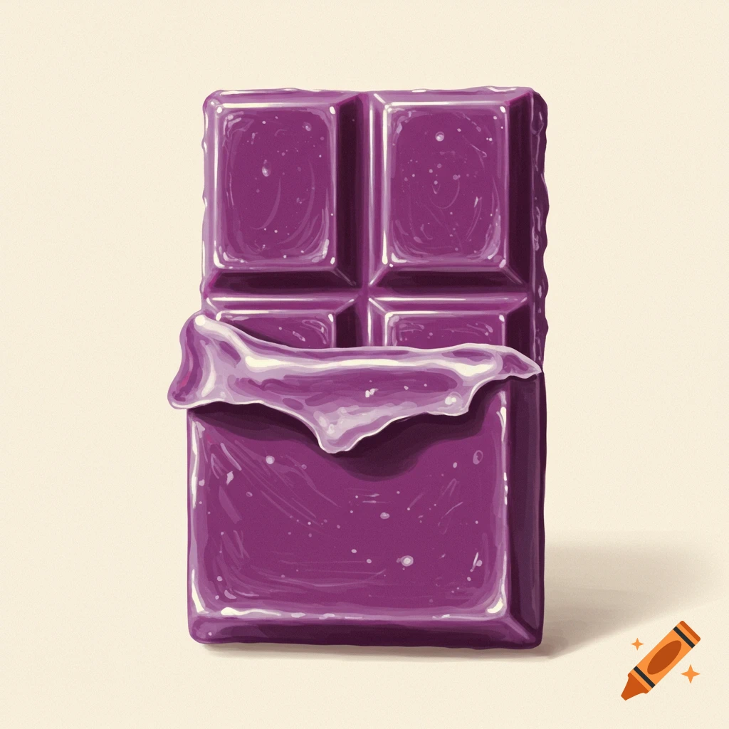 A glossy purple chocolate bar with one piece partially unwrapped on a light background.