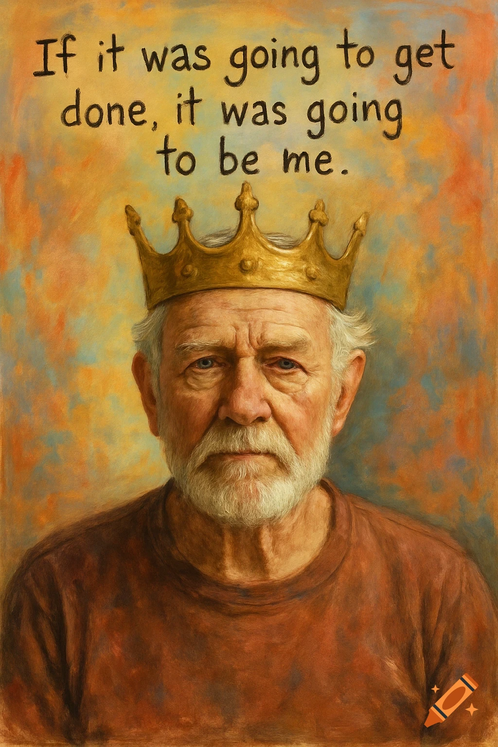 Painting of an old man with a white beard wearing a golden crown, with a quote above him.