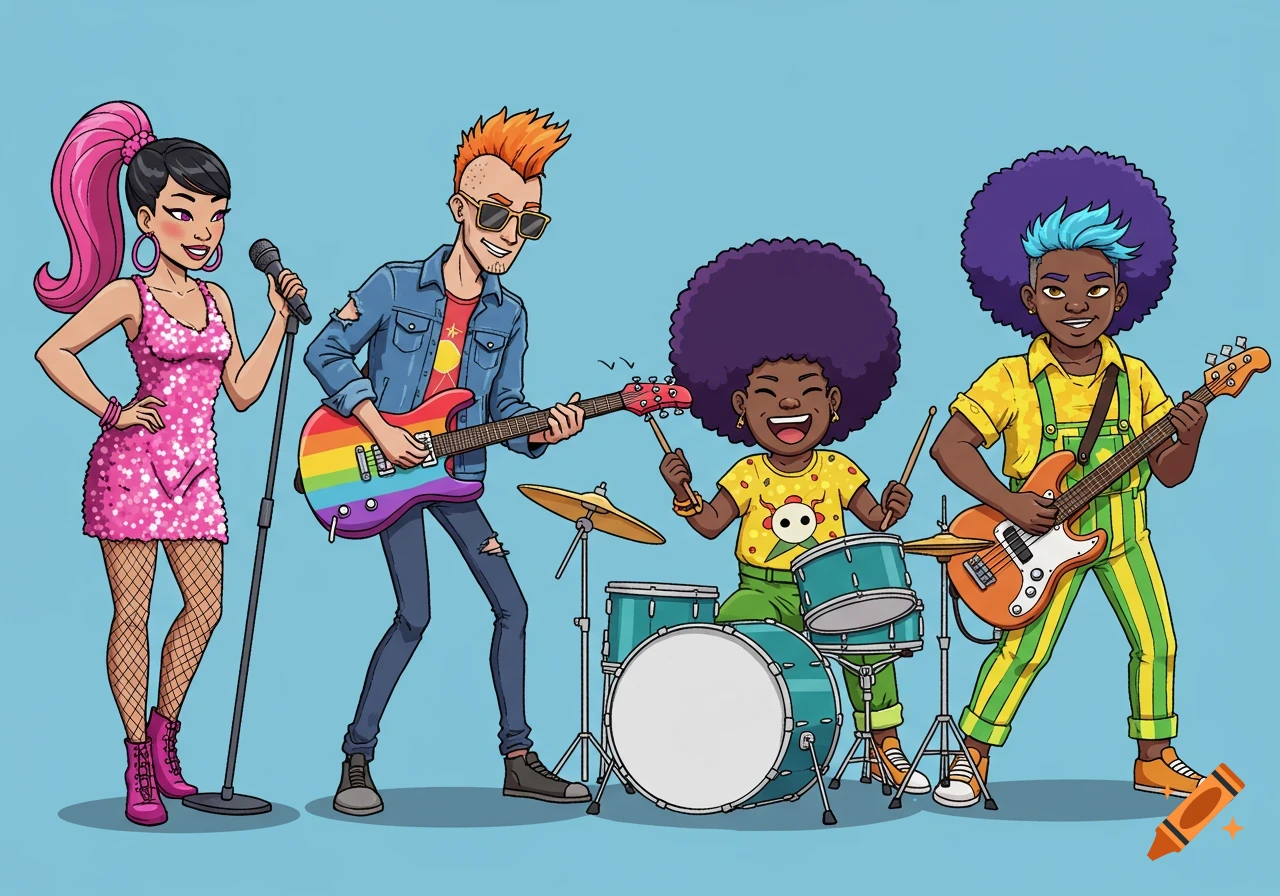 A cartoon band with four members playing instruments