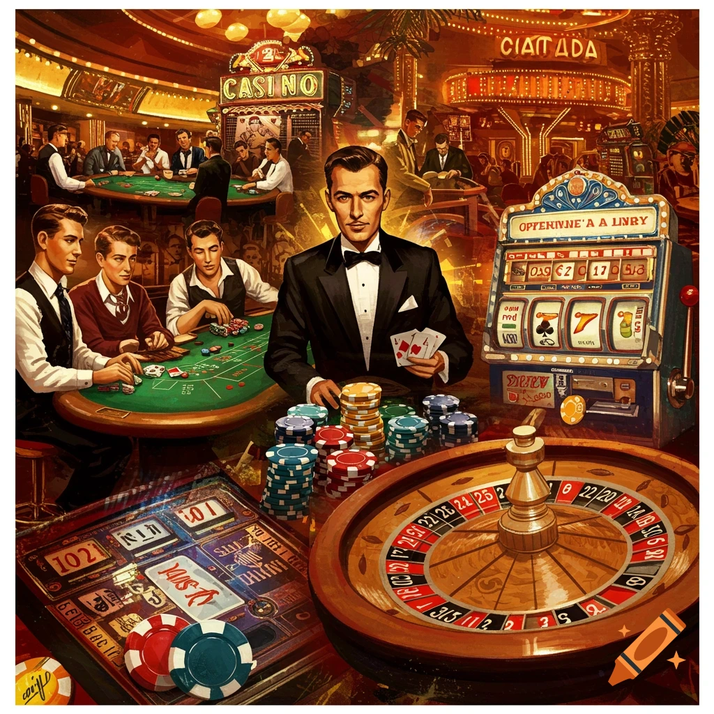 A painting depicts a busy casino scene with people gambling at tables and a slot machine.