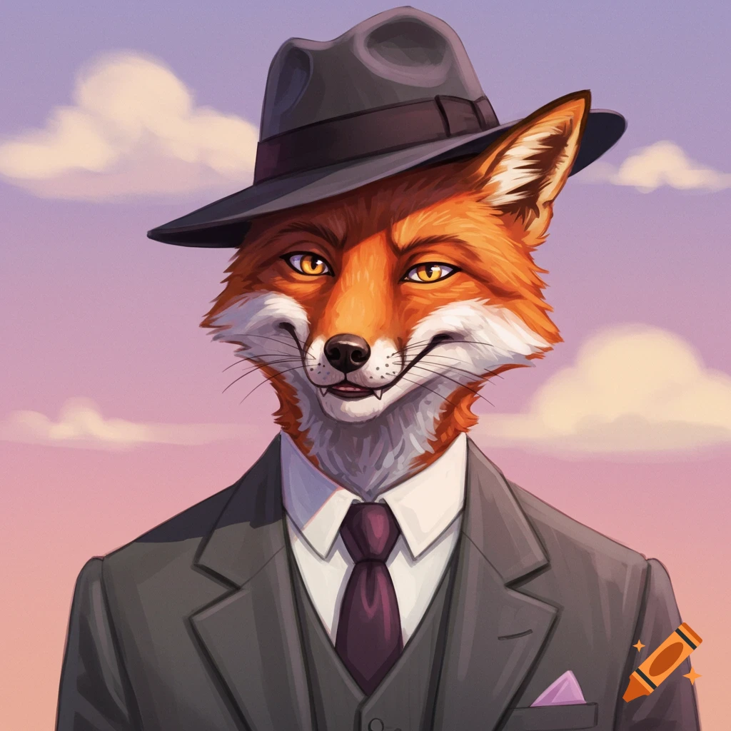 Illustrative portrait of an anthropomorphic fox wearing a fedora, suit, and tie against a sky background.