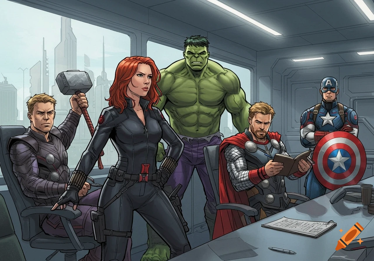 Comic book illustration of Black Widow, Hulk, Thor, Captain America, and another superhero in a meeting room.