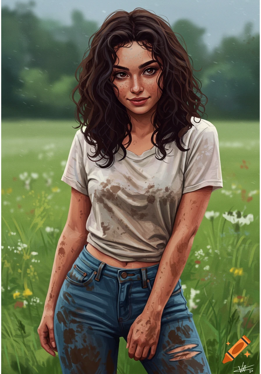 Digital painting of a young woman with muddy clothes standing in a field in the rain.