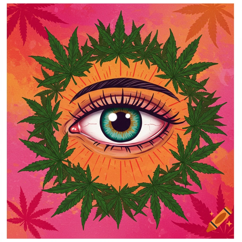 Stylized illustration of an eye surrounded by green cannabis leaves on a vibrant pink and orange background.