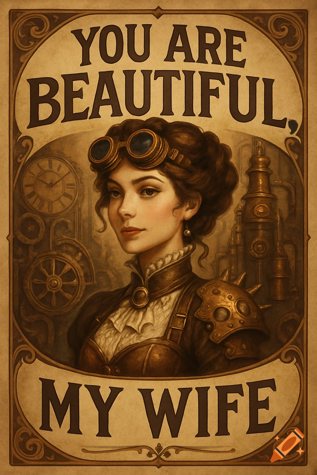 Vintage steampunk poster of a woman with goggles and clockwork, text says 'YOU ARE BEAUTIFUL, MY WIFE'.