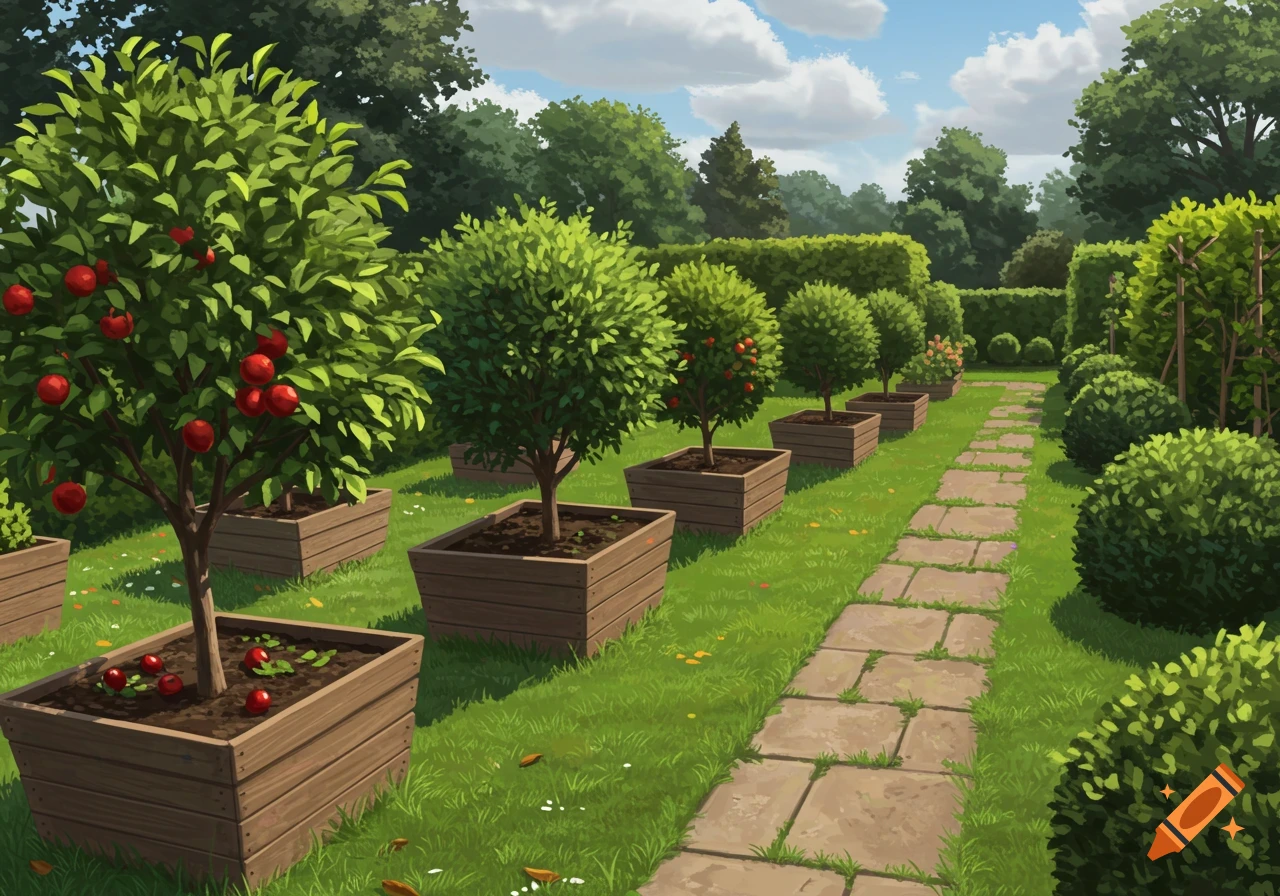 A stone path leads through a lush green garden with potted trees and manicured bushes under a cloudy sky.