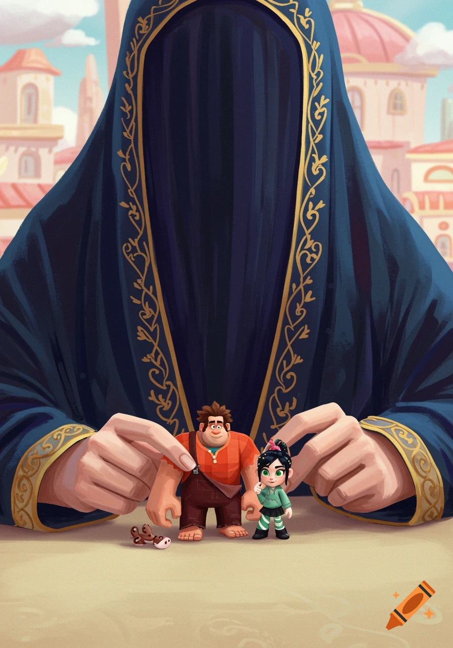 Person in dark robe holding Wreck-It Ralph and Vanellope action figures against a city backdrop. Illustration.