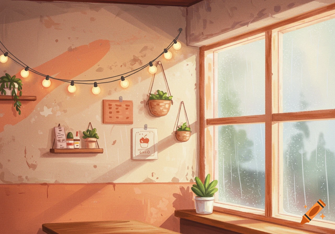 Painted interior view of a cozy cafe with plants, string lights, and rain outside a window.