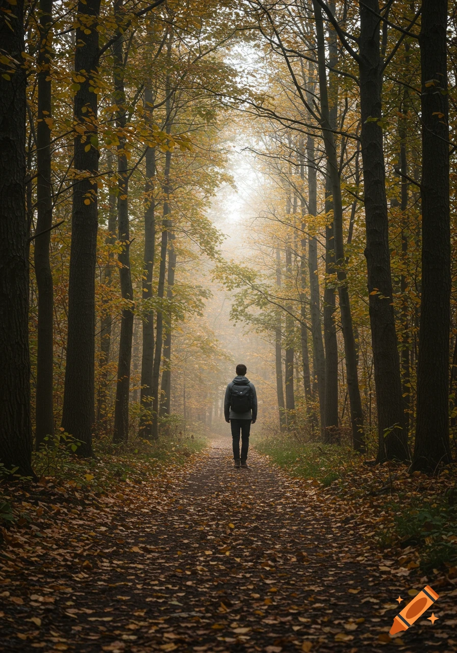 A person walks down a leaf-covered path through a misty forest. on Craiyon