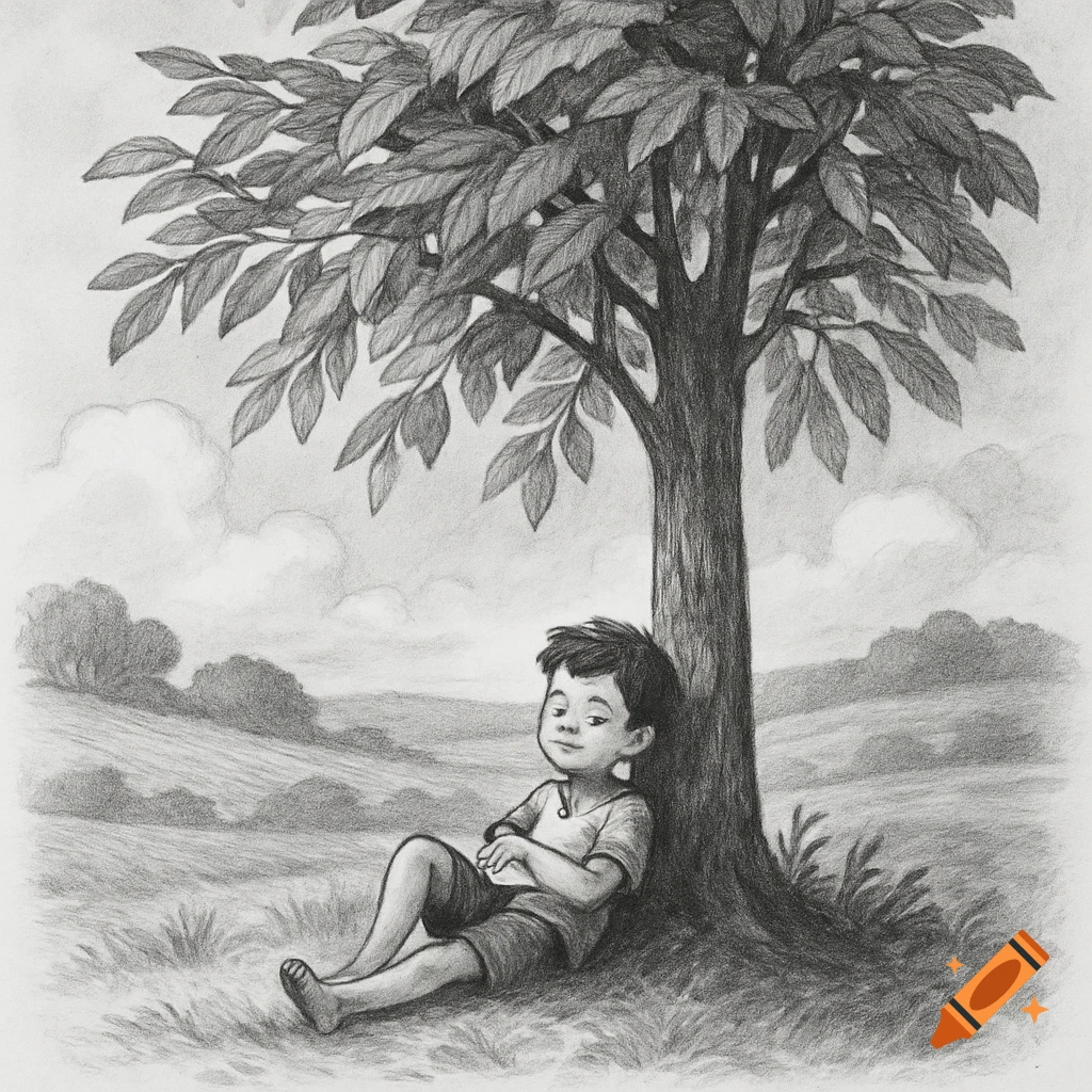 Pencil drawing of a boy sitting under a tree in a field.