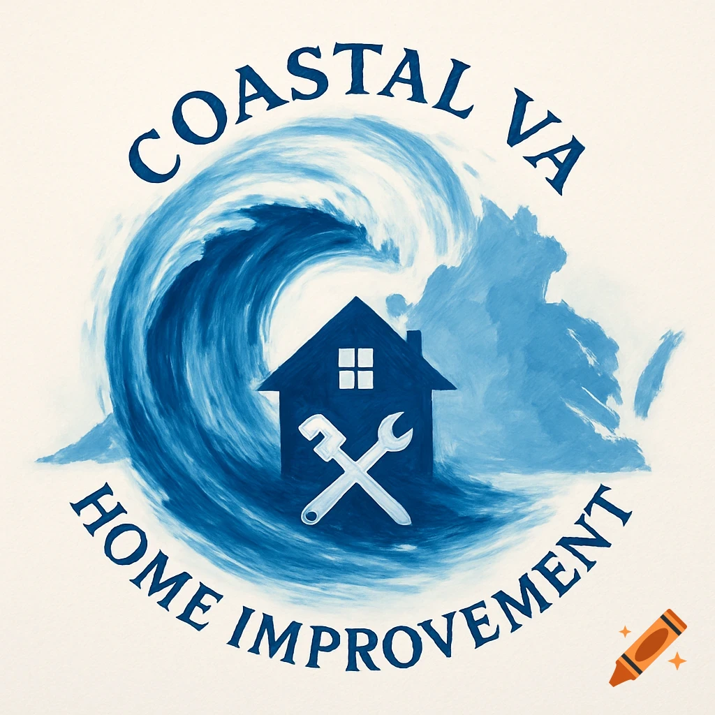 Logo with blue wave over a house, cross tools, and text 'Coastal VA Home Improvement' in an illustration style.