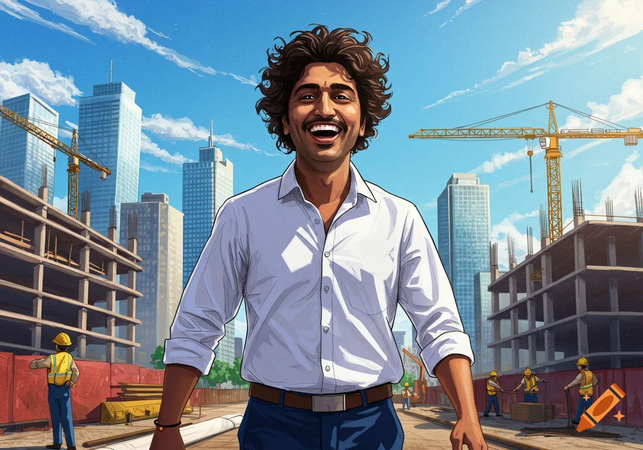 A smiling man stands in a construction site with buildings and cranes in the background.