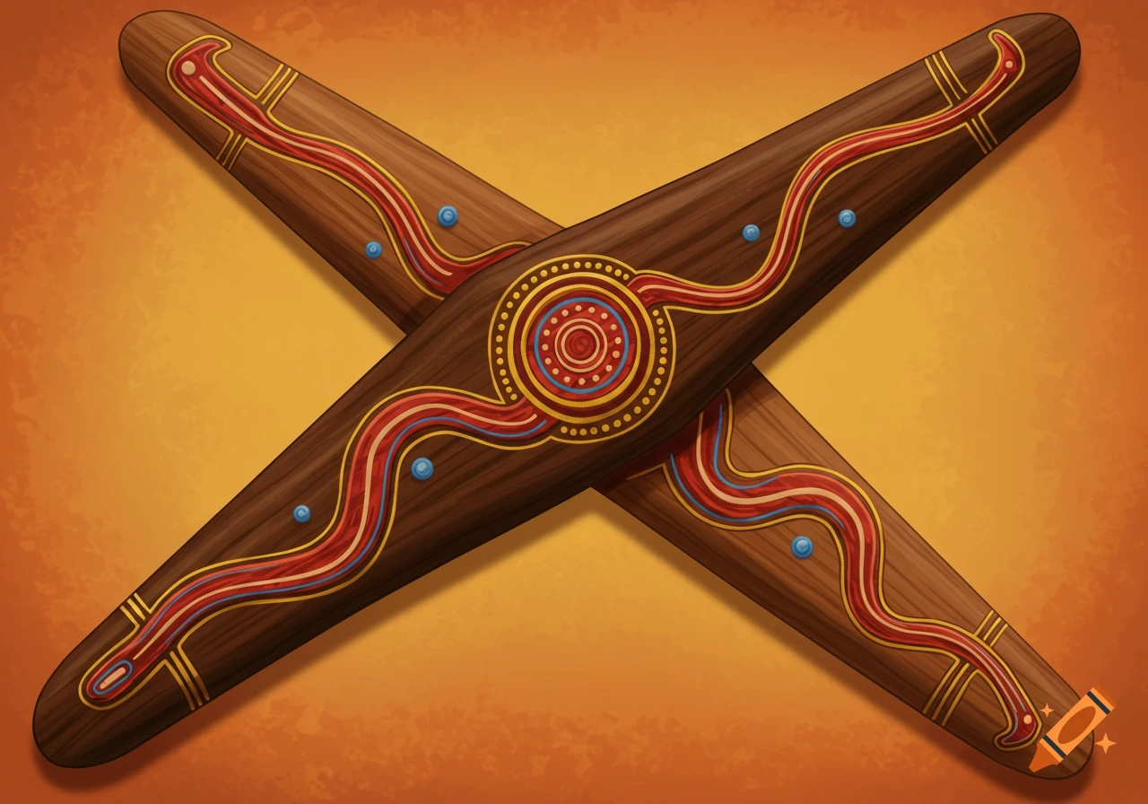 Two boomerangs with Indigenous art patterns resembling eels and circles are crossed on an orange background.