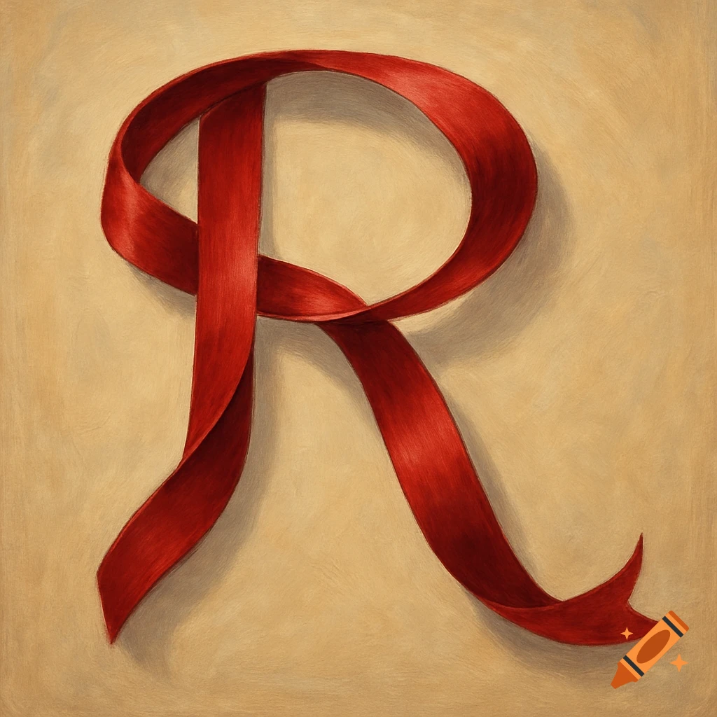 A red ribbon is shaped into the letter R on a textured beige background.