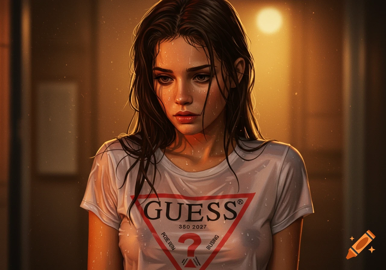 Realistic portrait of a woman in a wet Guess t-shirt with water droplets on her face.