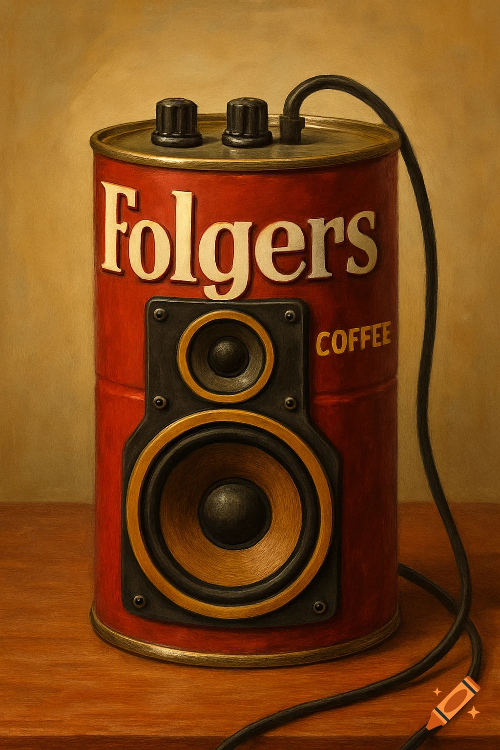 A red Folgers coffee can repurposed as a vintage 70s style speaker on a wooden surface.