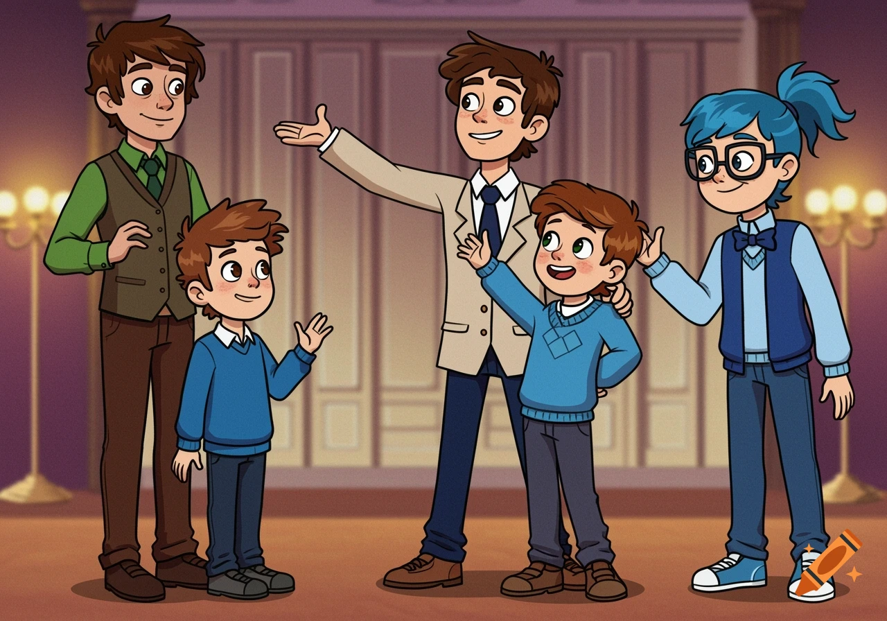 Cartoon image of four characters, two adults and two children, wearing formal clothes in a formal indoor setting.
