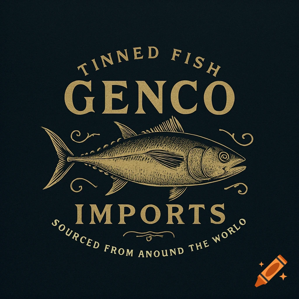 Gold vintage-style logo of a fish on a dark background, with the text "TINNED FISH GENCO IMPORTS SOURCED FROM AROUND THE WORLD".