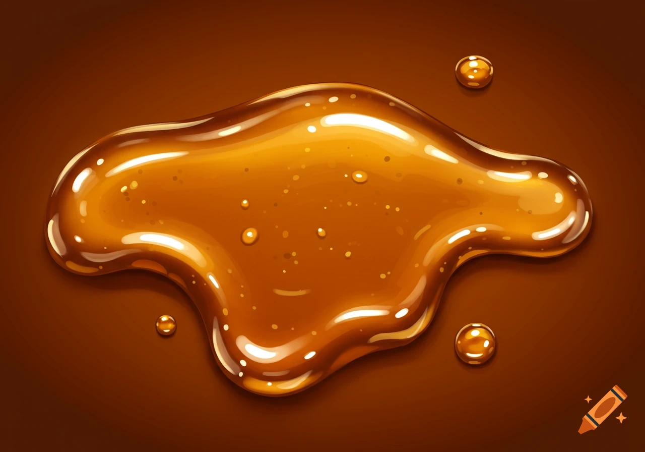A puddle of golden-brown maple syrup or honey with highlights and small bubbles on a brown surface.