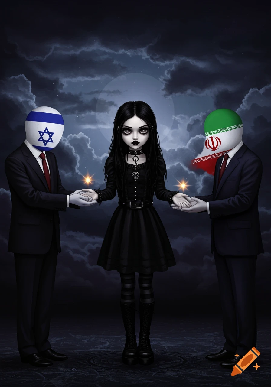 Goth girl holds hands with figures representing Israel and Iran under a dark sky, symbolizing peace