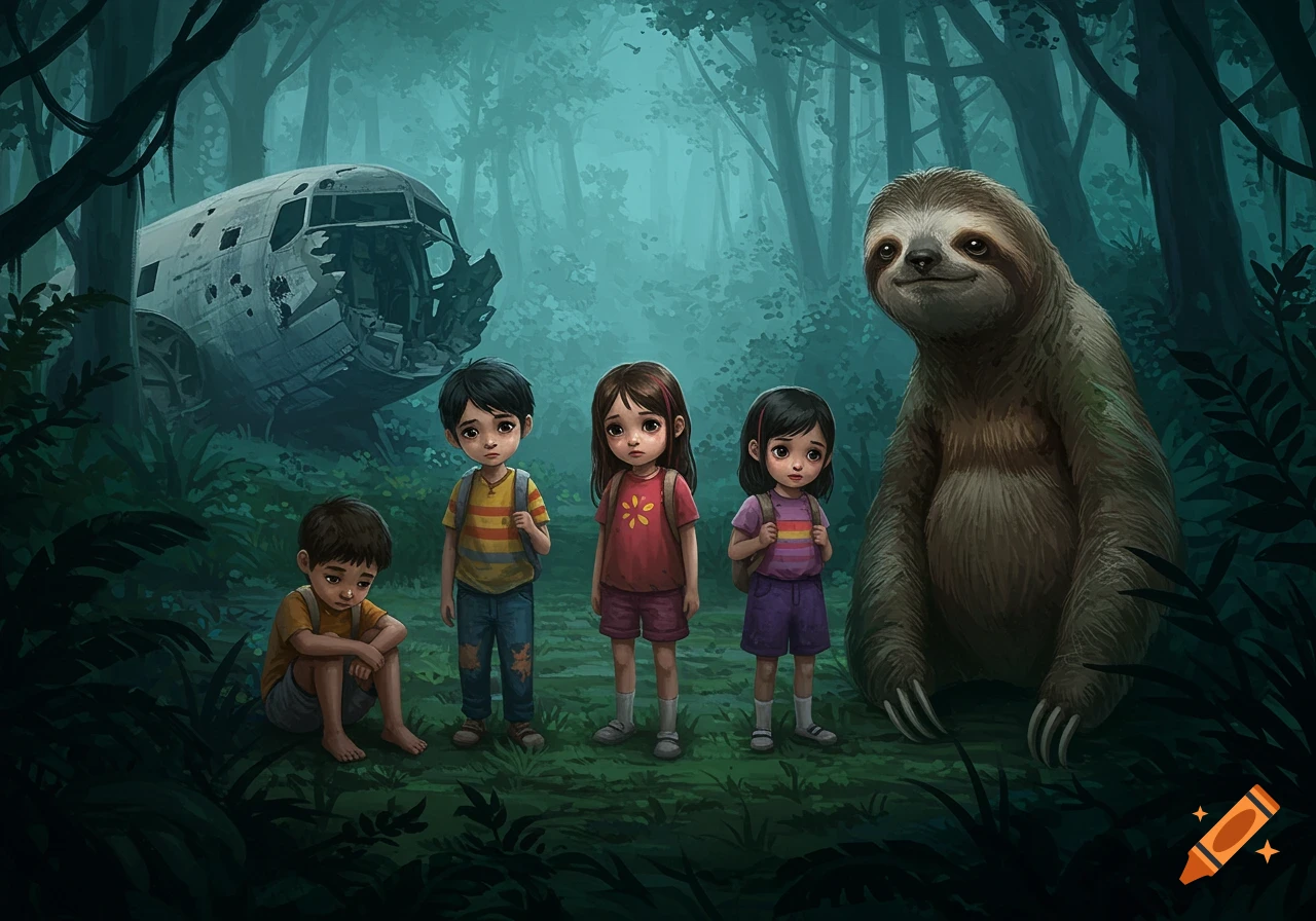 Four sad kids and a sloth stand near a crashed plane in a dense forest.