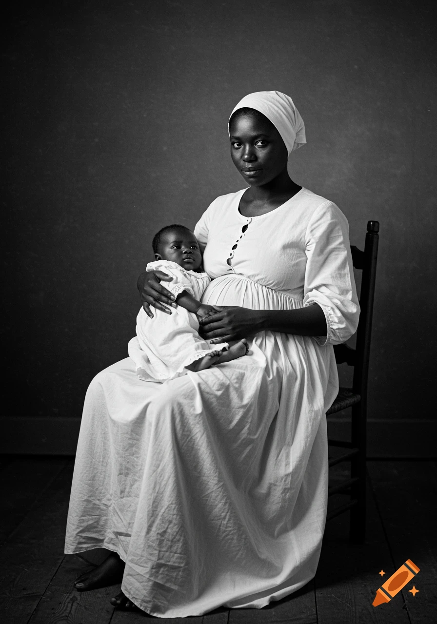 Black and white portrait of a seated woman holding a baby