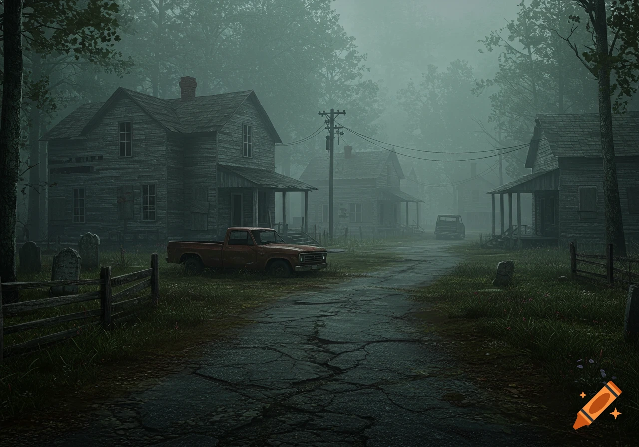 Misty view of a dilapidated abandoned rural village with old wooden houses, an old pickup truck, and a cemetery.