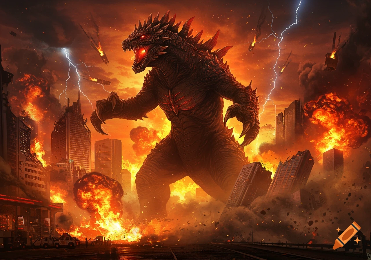 Giant monstrous creature attacks and destroys a city engulfed in flames and lightning.