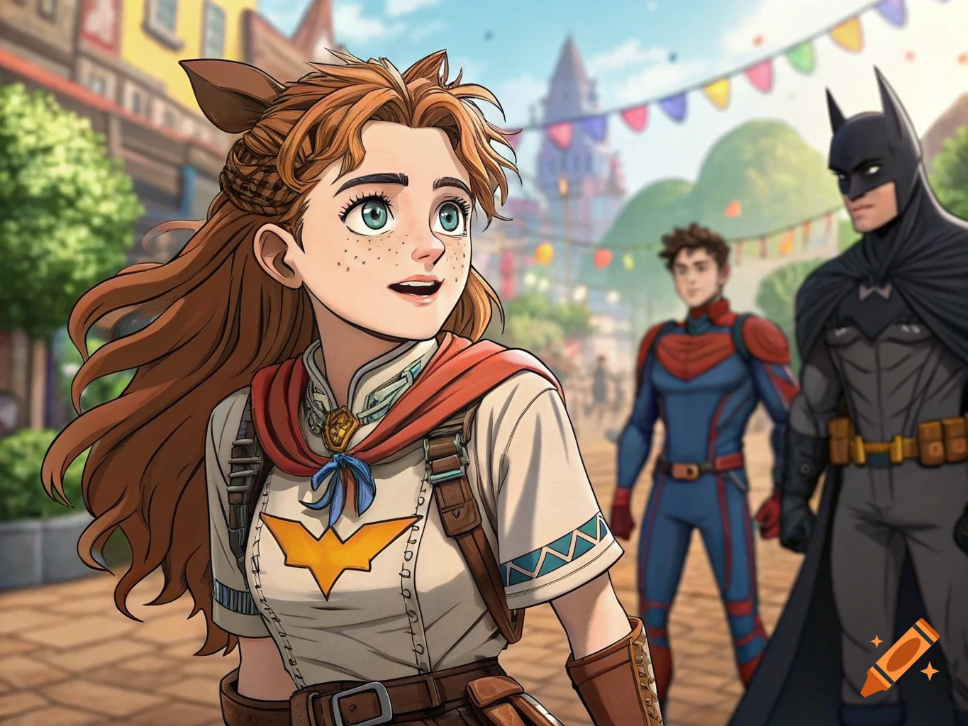 Anime style illustration of a girl with red hair and freckles standing in a town square with Batman and a figure resembling Spider-Man behind her.