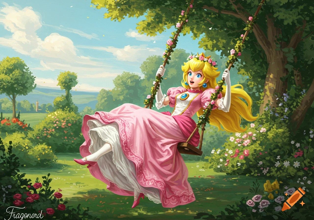 Princess Peach swings high on a flower-covered swing in a lush, sunlit garden.