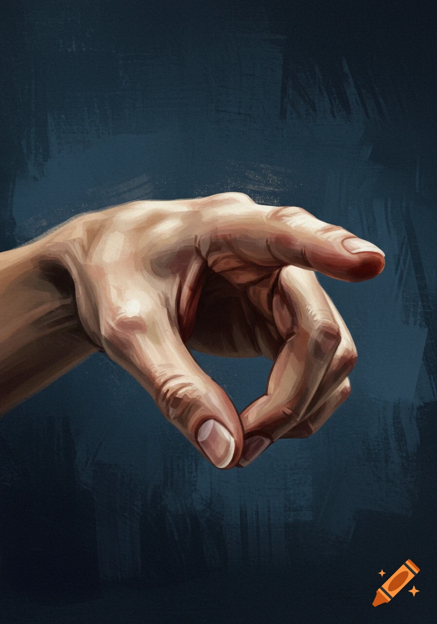 Painted hand pointing to the right against a dark background.