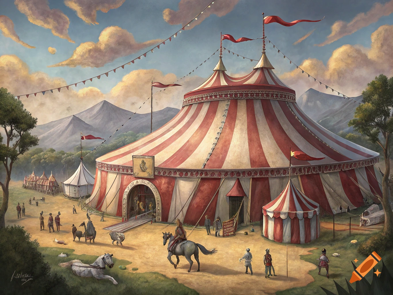 Large striped circus tent with performers, horses, and tents in a field