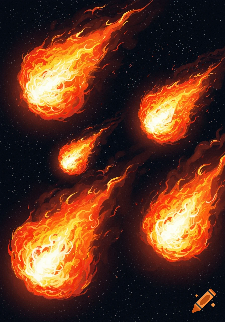 Multiple fiery meteor-like objects fall through a dark, starry sky in an illustration.