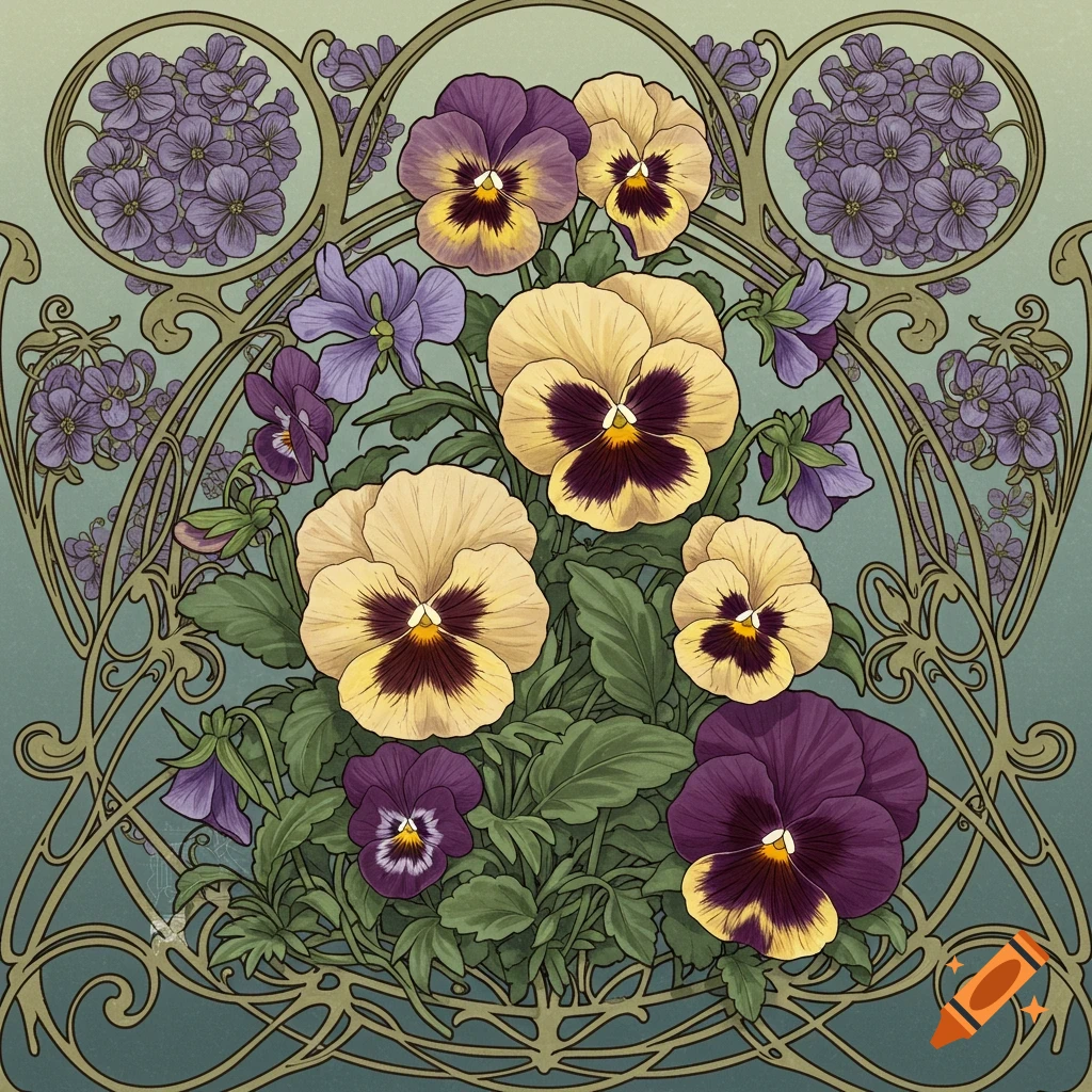 Art Nouveau illustration of pansies and violets