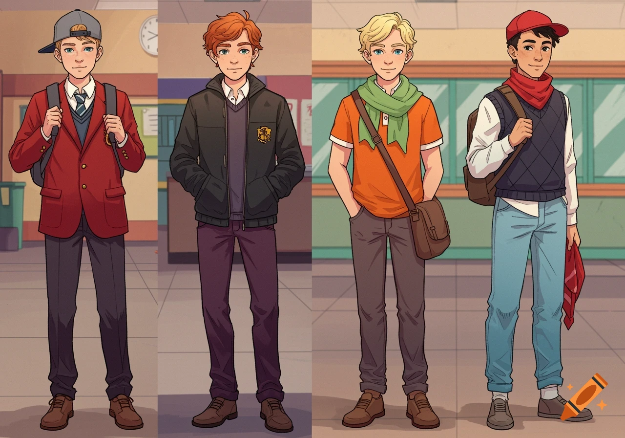 Four cartoon teenage boys stand in a school hallway, wearing preppy clothes and backpacks.