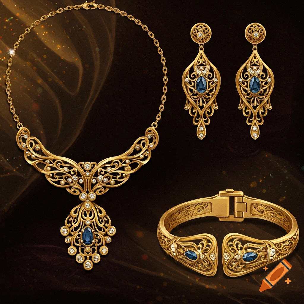 An ornate gold jewelry set featuring a necklace, earrings, and bracelet with blue jewels and diamond accents on a dark background.