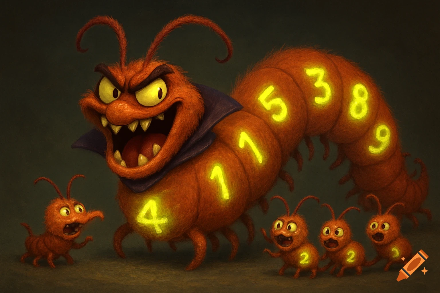 A large cartoon centipede monster with glowing numbers chases smaller bugs with glowing numbers.