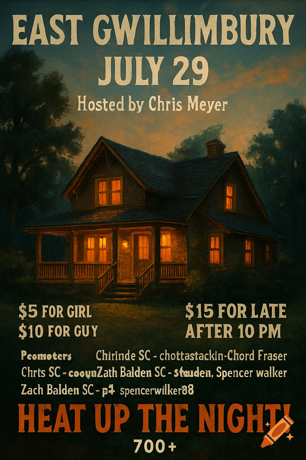 Flyer for an event at a house at night.