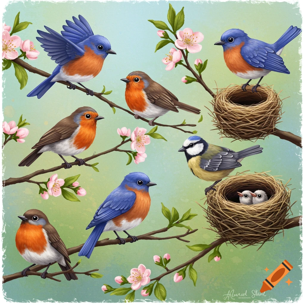 An illustration of various birds including bluebirds and robins perched on flowering branches next to nests with chicks in spring.