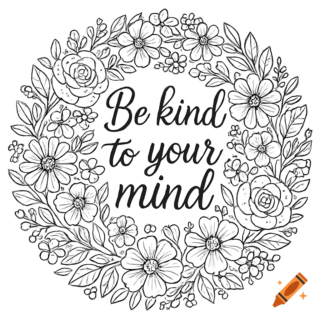 Black and white coloring page of a floral wreath with the quote 'Be kind to your mind' in the center.